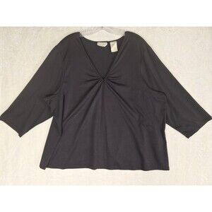 Lucy Pereda Womens 24/26 Solid Black Top 3/4 Sleeves Cinched Ruched V Neck VTG